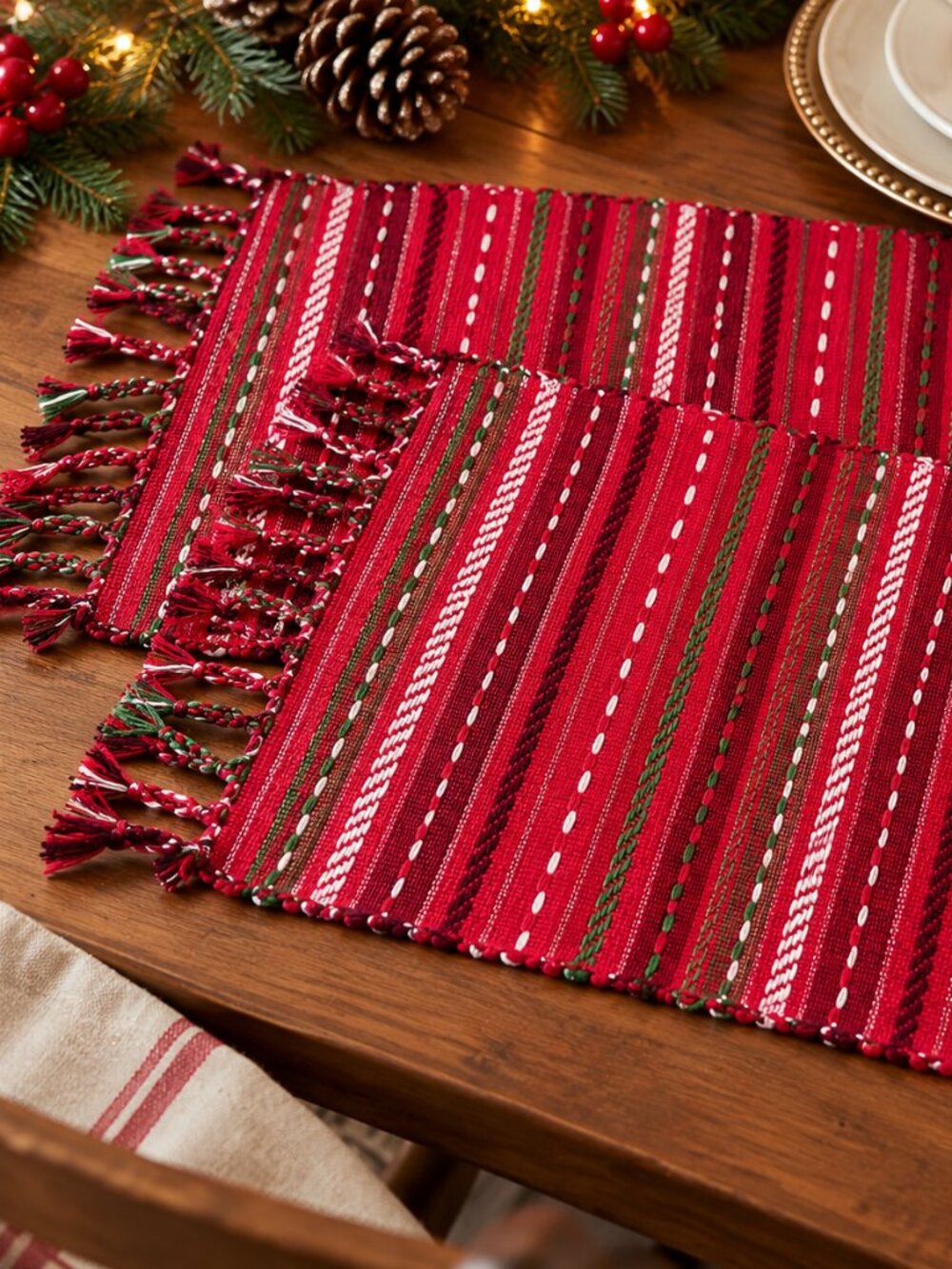 St. Nicholas Square Christmas Woven Fringe Placemats Red Green Set of 2